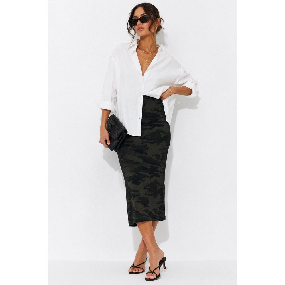 Sanctuary Camo Pencil Skirt Large Green Black Stretch Midi Pull On